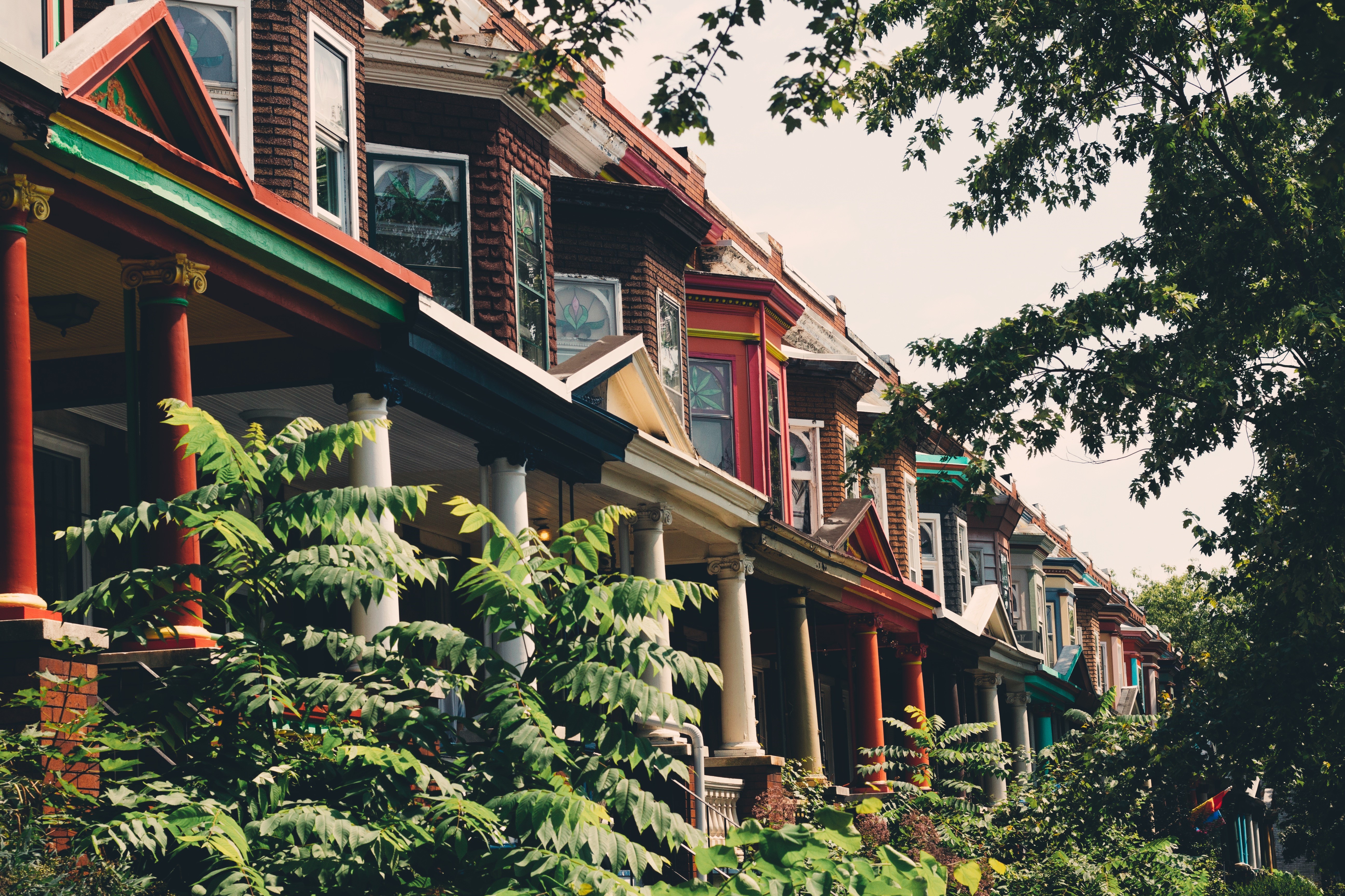 Multi colored row houses in the suburbs of Baltimore, Maryland